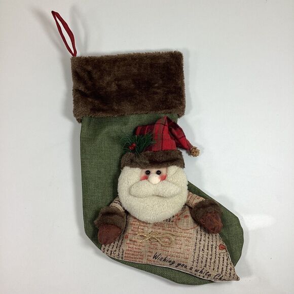 Santa Burlap Rustic Christmas Stocking 16" Hannas Handiworks New - Picture 1 of 3